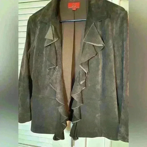Oscar an Oscar De La Renta Company Brown 100% Suede Ruffle Blazer size 8 - Picture 3 of 13